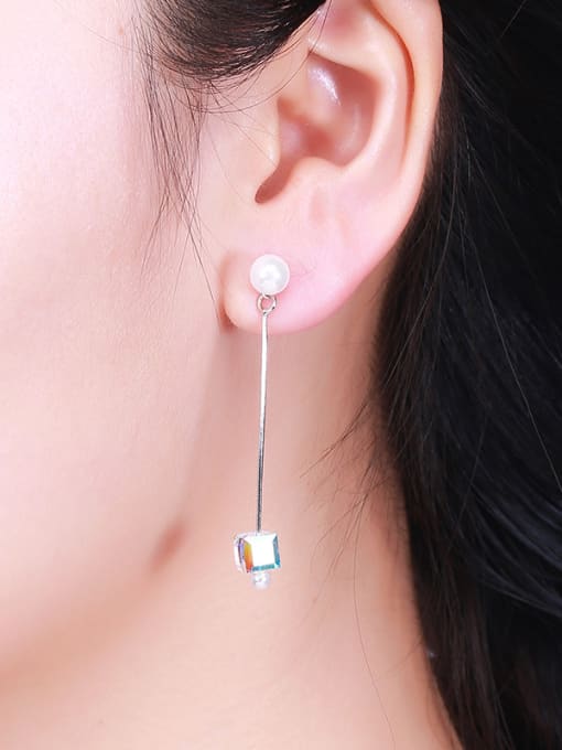 One Silver Charming Square Shaped Zircon Pearl Drop Earrings 1