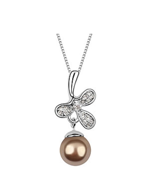 Brown Exquisite Imitation Pearl Shiny Crystals-studded Leaf Alloy Necklace