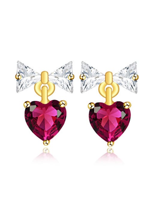 Red Copper Alloy 23K Gold Plated Simple style Heart-shaped and Bow Zircon stud Earring