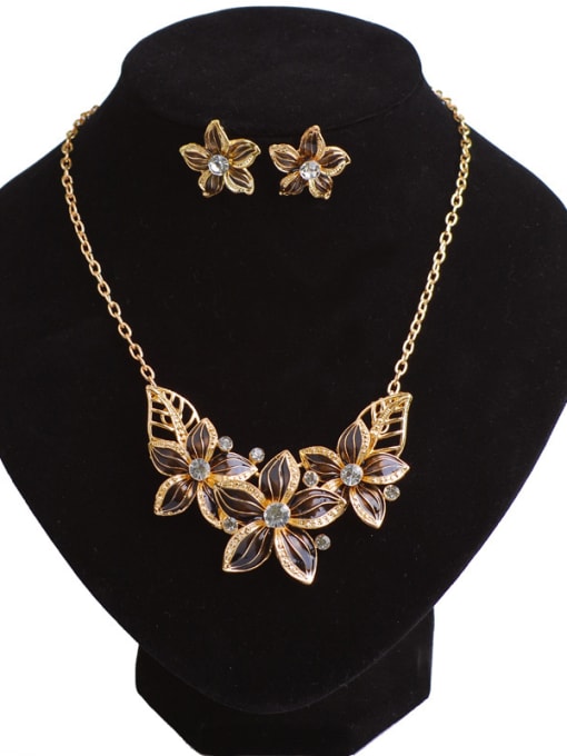 Black Fashion Elegant Enamel Flowers Cubic Rhinestones Alloy Two Piece Jewelry Set