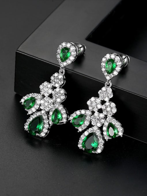 green-T03B23 Copper With White Gold Plated Luxury Water Drop Cluster Earrings