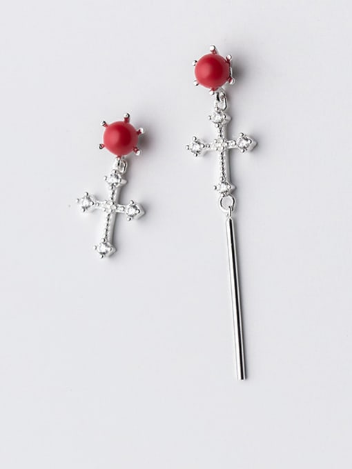 Rosh All-match Cross Shaped Asymmetric Red Shell S925 Silver Stud Earrings