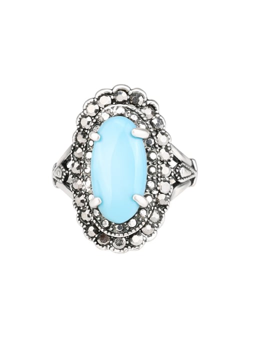 blue Retro Oval Resin Stone Antique Silver Plated Alloy Ring