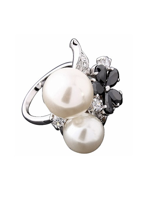 Wei Jia Fashion White Artificial Pearls Black Zircon Flower Copper Ring
