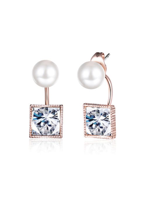 Rose Gold Creative Square Shaped Artificial Pearl Alloy Drop Earrings