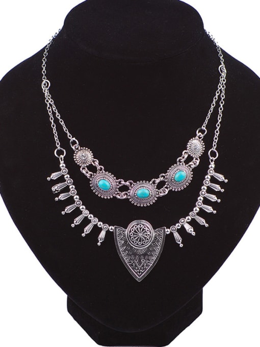 Qunqiu Bohemia style Turquoise stones Double Layers Alloy Necklace