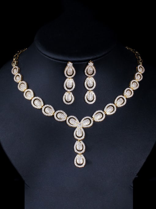 Gold Copper With  Cubic Zirconia Luxury Water Drop 2 Piece Jewelry Set