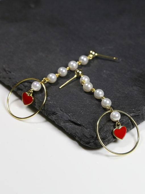 Peng Yuan White Freshwater Pearls Hollow Round Tiny Red Heart 925 Silver Drop Earrings 2