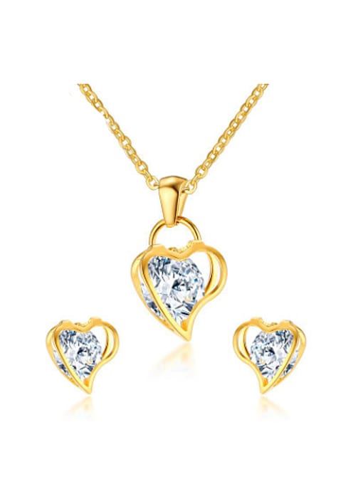 gold Elegant Heart Shaped Zircon Titanium Two Pieces Jewelry Set