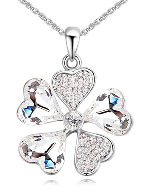 White Shiny Heart austrian Crystals Flower Pendant Alloy Necklace