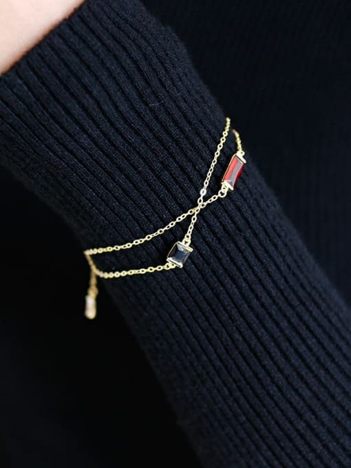 gold Fashion Red Blue Zircon Silver Double Chain Bracelet