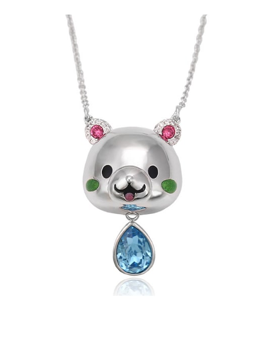 Blue Copper Alloy White Gold Plated Cartoon Bear Crystal Necklace