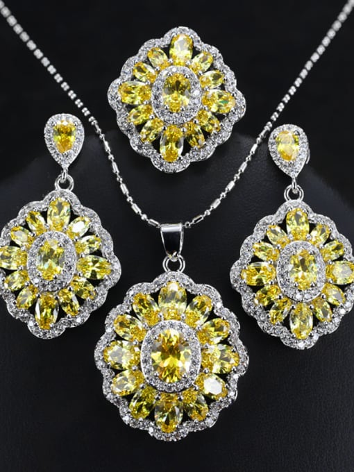 Yellow Ring 6 Yards Colorful Zircons Flower Three Pieces Jewelry Set