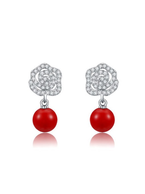 Platinum Red Artificial Pear Flower Shaped Drop Earrings