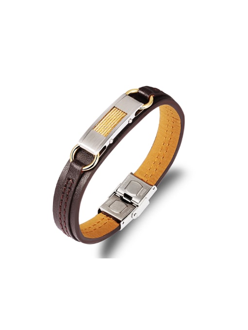 Open Sky Fashion Brown Artifical Leather Titanium Men Bracelet 0