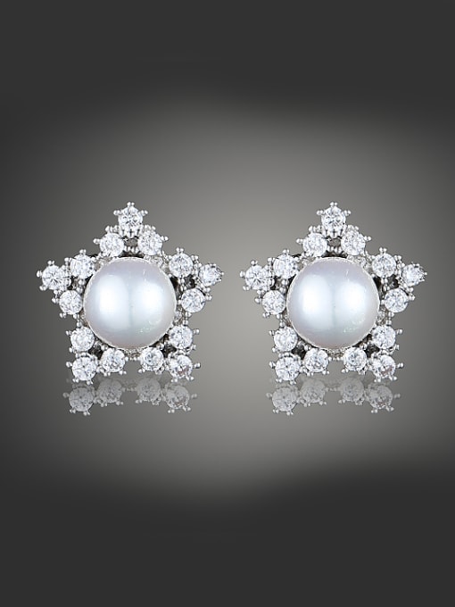 White Imitation Pearl Rhinestones-studded Star Copper Stud Earrings