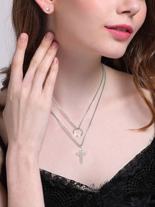 CONG Fashionable Cross Shaped Rhinestone Double Layer Necklace 2