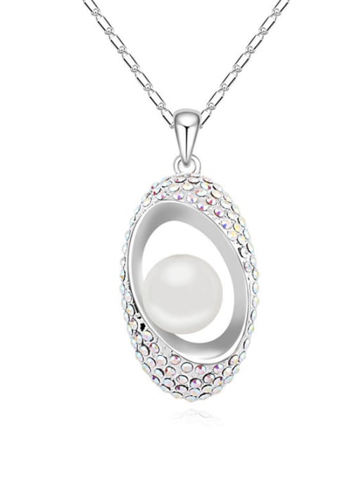 White Fashion Imitation Pearl Tiny Crystals Oval Pendant Alloy Necklace