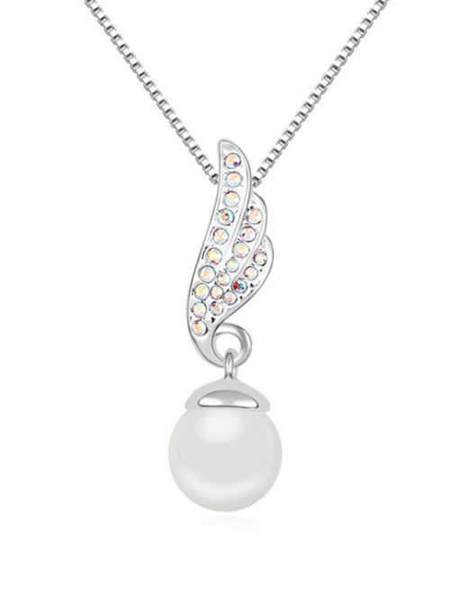 White Fashion Imitation Pearl Shiny Crystals-covered Wing Alloy Necklace