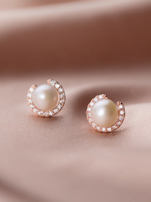 Rosh 925 Sterling Silver With RArtificial Pearl  Simplistic Round Stud Earrings 4