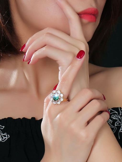 CONG Fashionable Green Flower Shaped Zircon Copper Ring 2