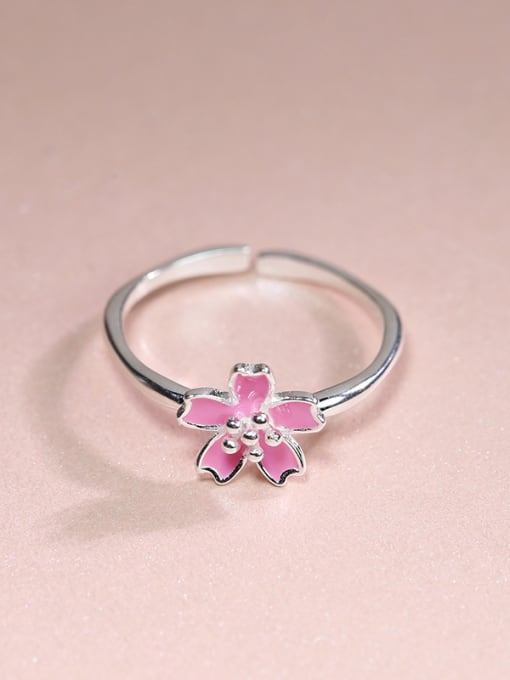 Peng Yuan Elegant Pink Enamel Flower 925 Silver Opening Ring 2