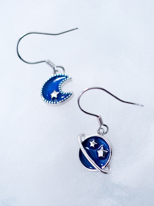 platinum Plated Sterling silver blue moon planet asymmetrical earrings