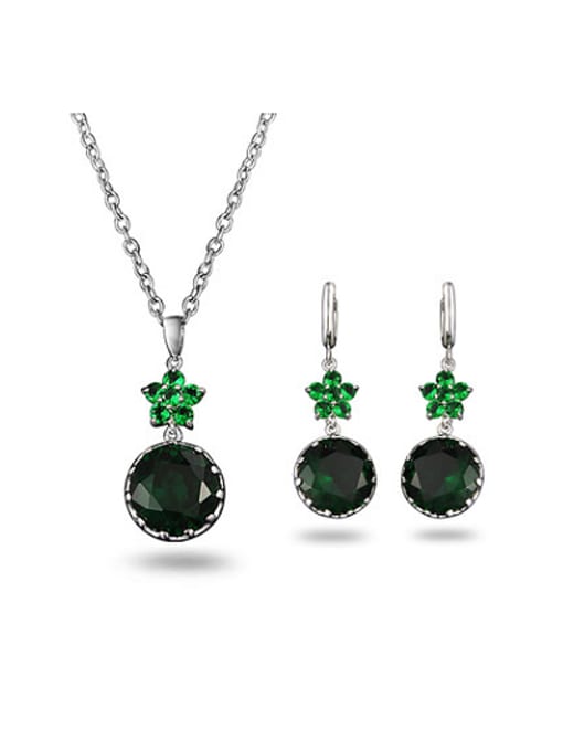 SANTIAGO Women Green Flower Shaped Zircon Two Pieces Jewelry Set 0