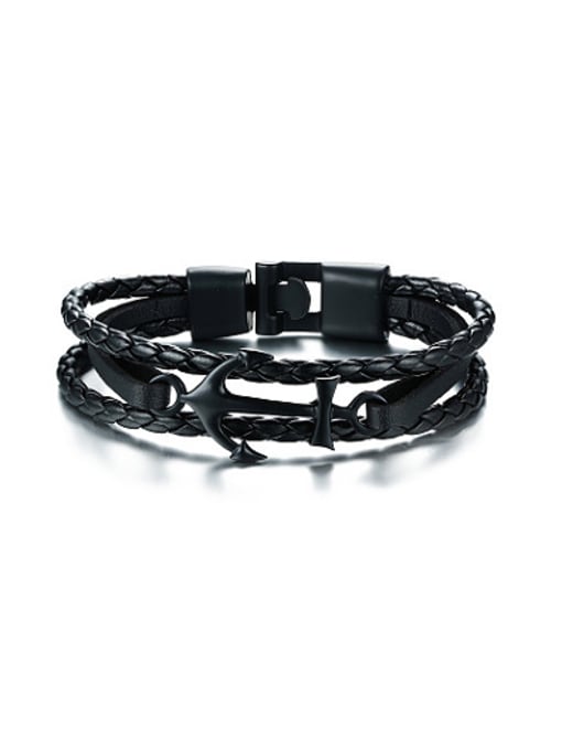 CONG Exquisite Black Gun Plated Anchor Shaped Artificial Leather Bracelet