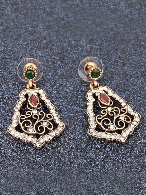 Red And Green Retro style Hollow Resin stones White Rhinestones Alloy Drop Earrings