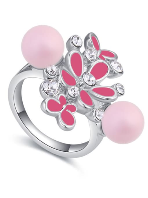 pink Exaggerated Two Imitation Pearls White Crystals-embellished Flowers Ring