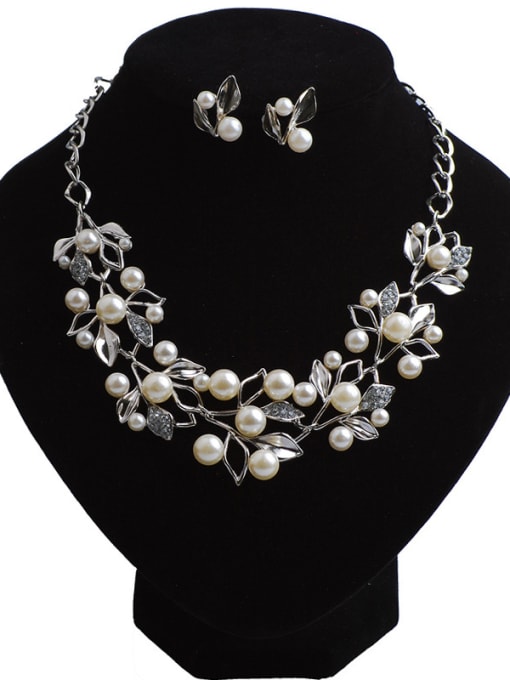 Silver Fashion Elegant Imitation Pearls Leaves Alloy Two Pieces Jewelry Set