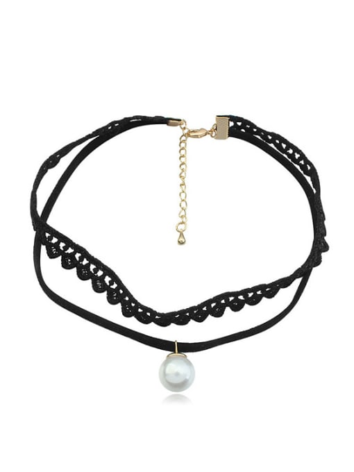 QIANZI Personalized White Imitation Pearl Black Lace Band Alloy Necklace 0