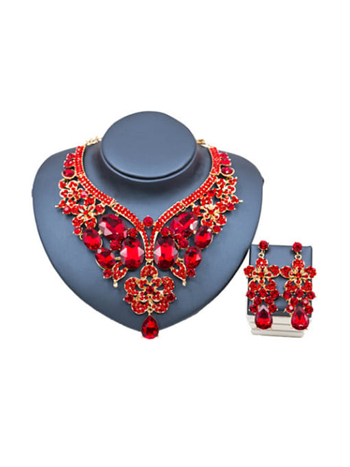 Red Oval Glass Rhinestones Flower Two Pieces Jewelry Set