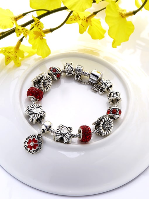Silvery Women Red Flower Shaped Rhinestones Bracelet