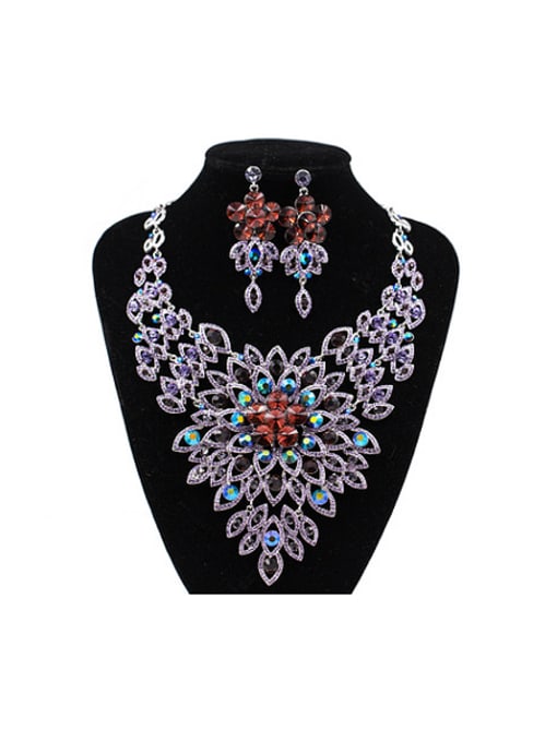 Purple 2018 Exaggerated Glass Rhinestones Two Pieces Jewelry Set