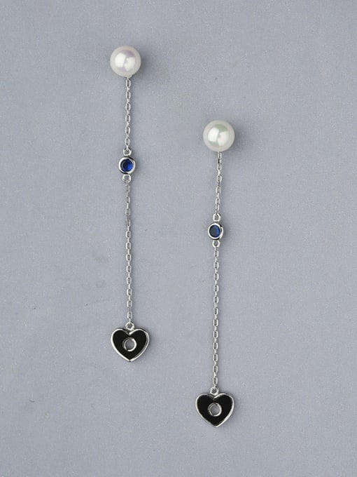 One Silver Fashion White Shell Pearl Little Black Heart 925 Silver Drop Earrings 0