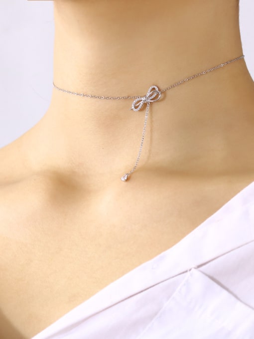 Dan 925 Sterling Silver With  Cubic Zirconia  Simplistic Adjustable  Bowknot Necklaces 1