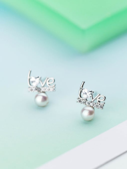 white Creative Monogrammed Shaped Artificial Pearl S925 Silver Stud Earrings