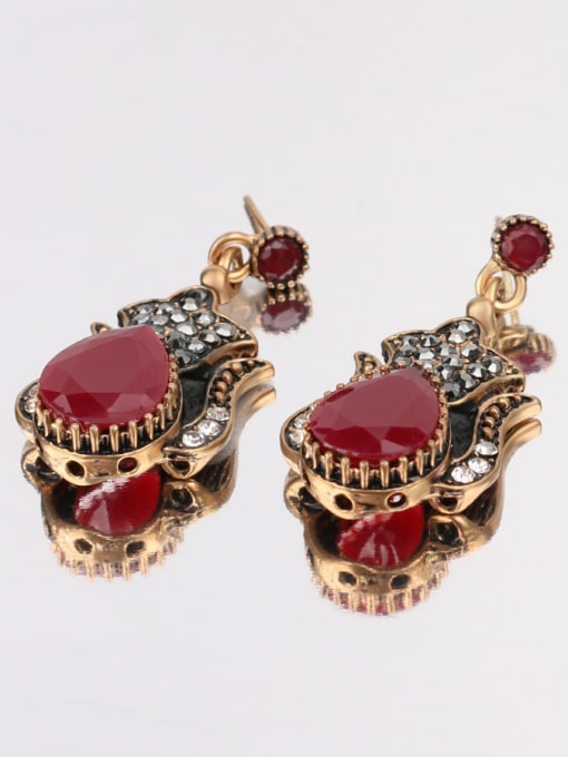 Red Ethnic style Antique Gold Plated Resin stone Alloy Drop Earrings