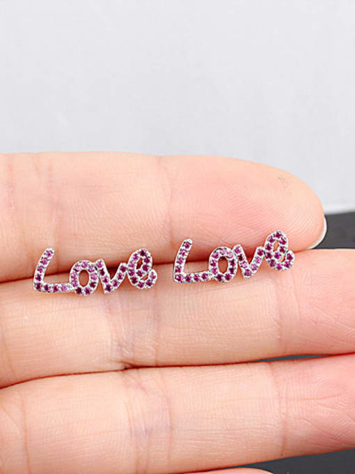 Qing Xing Love Letter Red Corundum 925 Sterling Silver Needle Platinum Plated Fashion stud Earring 1