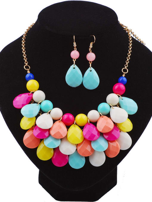 Qunqiu Bohemia Exaggerated Colorful Resin Pendant Gold Plated Two Pieces Jewelry Set 0
