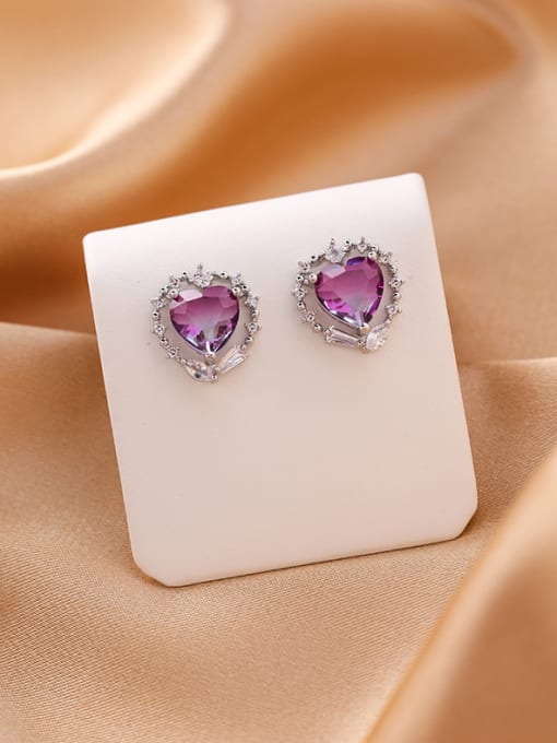 B Purple Alloy With Platinum Plated Simplistic Glass stone Heart Stud Earrings
