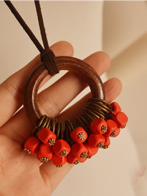 Red Women Wooden Round Shaped Sweater Necklace