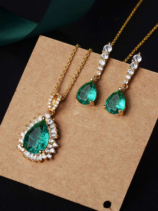 green+gold Copper With Glass stone Classic Water Drop 2 Piece Jewelry Set