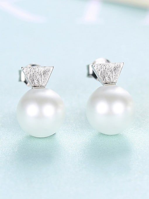 Silver 925 Sterling Silver With Artificial Pearl  Simplistic Triangle Stud Earrings