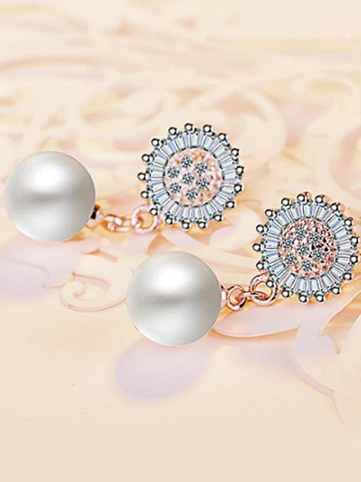 White Gold Fashion Shiny Zirconias-covered Flower Imitation Pearl Stud Earrings