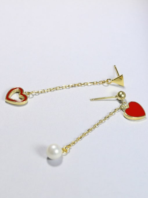Peng Yuan Asymmetrical Red Heart White Freshwater Pearl 925 Silver Drop Earrings 1