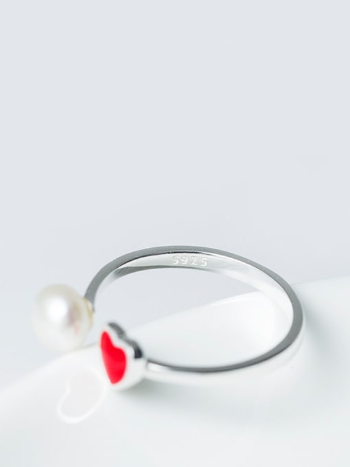 SILVER MI Fashion Red Heart Artificial Pearl Opening 925 Silver Ring 2