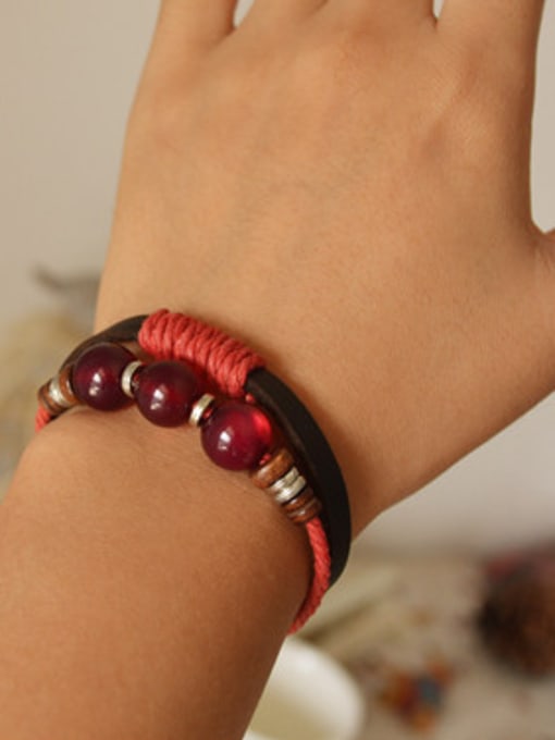 Dandelion Cownhide Leather Red Beads Bracelet 2